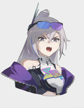 1girl bare_shoulders black-framed_eyewear black_jacket blue-tinted_eyewear blue_hair breasts clothes_writing crossed_bangs goggles goggles_on_head grey_eyes grey_hair hair_between_eyes headpiece high_ponytail highres honkai:_star_rail honkai_(series) jacket long_hair looking_at_viewer medium_breasts multicolored_hair open_clothes open_jacket open_mouth ponytail purple-tinted_eyewear purple_jacket sidelocks silver_wolf_(honkai:_star_rail) silver_wolf_(lv.999)_(honkai:_star_rail) simple_background solo streaked_hair tank_top teeth thorn_(kmconceptart) tinted_eyewear tongue turtleneck two-sided_fabric two-sided_jacket upper_body white_background white_tank_top