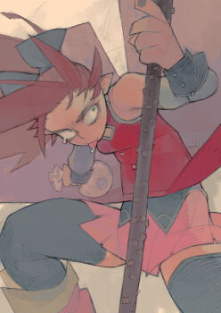 Rule 34 | 1girl, bag, cape, character request, commentary, copyright request, highres, holding, holding bag, holding staff, pink skirt, pointy ears, single tear, skirt, solo, staff, tongue, umezawa michiko