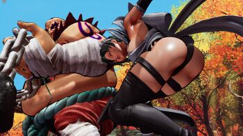 1boy 1girl 3d ass ass_focus black_hair black_leotard breasts butterfly_swords curvy earthquake_(samurai_spirits) fat fat_man fighting forest game_screenshot highleg highleg_leotard highres holding holding_weapon huge_ass iroha_(samurai_spirits) jumping large_breasts leotard maid maid_headdress mod nature ryona samurai_spirits shiny_skin short_hair sideboob size_difference skindentation snk thighhighs third-party_edit thong_leotard tree video_game_screencap weapon wide_hips