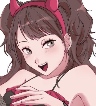 1girl black_dress blush brown_hair commentary_request dress earrings eyelashes fake_horns fang hairband horn_hairband horns jewelry kujikawa_rise long_hair looking_at_viewer open_mouth persona persona_4 simple_background solo teeth twintails upper_teeth_only usa_(kawaii_152cm) white_background