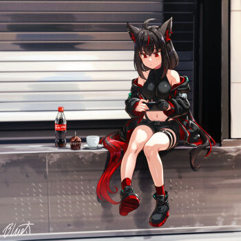 1girl ahoge animal_ear_fluff animal_ear_piercing animal_ears black_boots black_gloves black_hair black_jacket black_shirt black_shorts boots braid breasts buru-dai colored_shoe_soles commentary_request cropped_shirt dark_persona fox_ears fox_girl fox_tail full_body gloves hair_between_eyes halter_shirt halterneck highleg highleg_panties holding hololive jacket kurokami_fubuki long_hair medium_breasts midriff navel off_shoulder outdoors panties panty_straps pentagram red_eyes red_hair red_socks red_streaks shirt shoe_soles short_shorts shorts side_braid single_braid single_glove sitting sleeveless sleeveless_shirt socks solo tail thigh_strap two-sided_fabric two-sided_jacket underwear virtual_youtuber