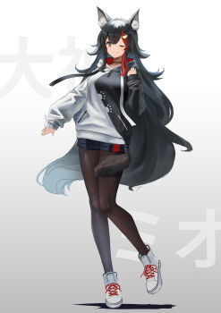 Rule 34 | 1girl, absurdres, animal ear fluff, animal ears, black hair, closed eyes, closed mouth, commentary request, highres, hololive, hood, hooded jacket, hoodie, jacket, long hair, looking at viewer, ookami mio, pantyhose, simple background, smile, standing, standing on one leg, sthk, tail, translation request, variant set, virtual youtuber, white background, wolf ears