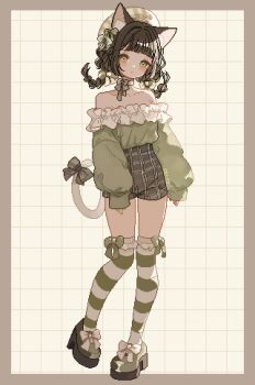 1girl animal_ear_fluff animal_ears beret blunt_bangs blush border bow bow_legwear braid brown_hair cat_ears cat_girl cat_tail choker closed_mouth collarbone commentary frills full_body green_bow green_choker green_eyes green_shoes green_thighhighs hat highres long_hair long_sleeves looking_at_viewer off-shoulder_shirt off_shoulder original outside_border pixel_art ribbon_choker shirt shoes shusi_(6muuu3) skirt solo striped_clothes striped_thighhighs tail thighhighs
