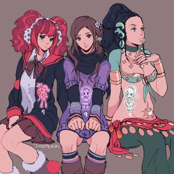 Rule 34 | artist name, black hair, black jacket, black scarf, boots, braid, breasts, brown background, brown boots, brown hair, chibi, chibi inset, choker, cleavage, clip studio paint (medium), closed mouth, clothes around waist, collared shirt, commentary, dixoterin, drawstring, dress, earmuffs, earrings, english commentary, eyelashes, facial mark, flower, front-tie top, fur-trimmed boots, fur trim, green choker, green eyes, green pants, hair bun, hair flower, hair ornament, hand on own chest, highres, jacket, jewelry, kashiwabara nona, kurashiki akane, kyokugen dasshutsu, kyokugen dasshutsu: 9 jikan 9 nin 9 no tobira, long hair, long sleeves, midriff, multicolored hair, multicolored socks, multiple girls, navel, neck ribbon, open clothes, open jacket, pants, pink hair, plaid clothes, plaid ribbon, plaid skirt, pom pom (clothes), pom pom drawstring, ponytail, purple boots, purple dress, purple eyes, red hair, red skirt, ribbon, scarf, shirt, short sleeves, simple background, single side bun, sitting, skirt, socks, twin braids, twintails, two-tone hair, white shirt, yashiro (kyokugen dasshutsu), yotsuba (kyokugen dasshutsu)