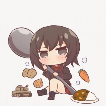 1girl black_boots black_jacket black_socks blush boots brown_eyes brown_hair carrot chibi chibi_only curry curry_rice dress_shirt food full_body girls_und_panzer highres holding holding_spoon jacket kuromorimine_military_uniform long_sleeves looking_at_viewer makyabetsu military military_uniform military_vehicle miniskirt motor_vehicle nishizumi_maho onion potato red_shirt red_skirt rice shirt short_hair simple_background sitting skirt socks solo spoon tank tiger_i white_background