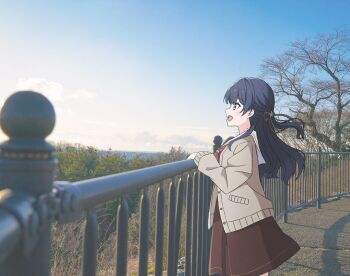 1girl blue_eyes blue_hair blue_ribbon brown_cardigan cardigan hair_ornament hair_ribbon half_updo hand_on_railing hasu_no_sora_school_uniform highres link!_like!_love_live! long_hair looking_afar love_live! mole mole_on_neck murano_sayaka open_cardigan open_clothes photo_background red_ribbon ribbon school_uniform star_(symbol) star_hair_ornament tottsan winter_uniform