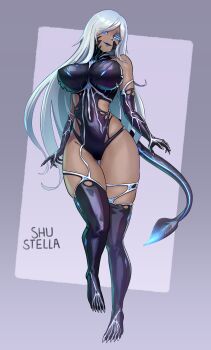 absurdres blue_eyes blue_lips dark_skin fingernails highres latex leotard long_hair original parasite sharp_fingernails sharp_toenails shu-stella sidelocks smile symbiote tail tentacle_clothes thick_thighs thighhighs thighs toenails white_hair wide_hips