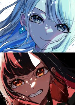 2girls 7naako5 angry azusawa_kohane black_hair black_jacket blue_hair chain chain_necklace clenched_teeth close-up closed_mouth colored_inner_hair commentary_request diamond-shaped_earrings earrings furrowed_brow grey_eyes highres jacket jewelry long_hair looking_at_viewer multicolored_hair multiple_girls necklace official_alternate_hair_length official_alternate_hairstyle orange_eyes project_sekai red_hair shiraishi_an simple_background smile teeth turtleneck v-shaped_eyebrows whip_the_wimp_girl!!_(project_sekai) white_background
