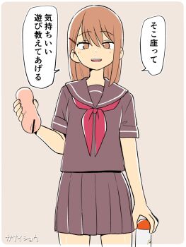 Rule 34 | 1girl, artificial vagina, bar censor, black sailor collar, black serafuku, black skirt, blush, brown eyes, brown hair, brown skirt, censored, ganaishoten, grey background, hair ornament, hairclip, highres, looking at viewer, medium hair, neckerchief, open mouth, original, red neckerchief, sailor collar, school uniform, serafuku, sex toy, short sleeves, simple background, skirt, solo, speech bubble, standing, teeth, translated, upper teeth only