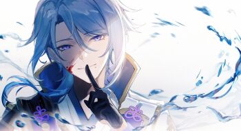 1boy armor backlighting black_gloves blood blood_on_face blue_hair closed_mouth collared_jacket commentary_request eyelashes finger_to_mouth floating_hair genshin_impact gloves gold_trim hair_between_eyes half_gloves hand_up high_collar highres jacket japanese_armor japanese_clothes kamisato_ayato kimono looking_at_viewer male_focus medium_hair mole mole_under_mouth open_clothes open_jacket parted_bangs purple_eyes shoulder_armor shushing sidelocks simple_background smile sode solo swept_bangs upper_body water water_drop white_background white_jacket yaosan