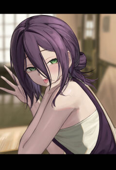 1girl absurdres apron blurry blurry_background chainsaw_man green_eyes grey_shirt hair_between_eyes hair_bun highres indoors lechiennoir purple_apron purple_hair reze_(chainsaw_man) shirt solo tongue tongue_out window