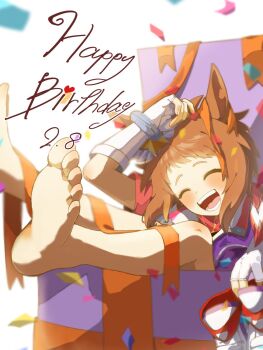 Rule 34 | 1girl, animal ears, arm up, arrabbiata (torutorutatoru), barefoot, biko pegasus (umamusume), blurry, blurry background, blush, box, bracelet, brown hair, closed eyes, commentary request, confetti, dated, english text, feet, fingerless gloves, foot focus, foot out of frame, gloves, happy birthday, highres, horse ears, horse girl, in box, in container, jewelry, legs up, open mouth, ribbon, shoes, sitting, smile, soles, solo, toenails, toes, umamusume, unworn shoes, white gloves, white shoes