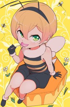 1girl antennae bee black_gloves black_hairband black_shoes black_shorts blonde_hair bug candy commentary_request fake_antennae flower food food_in_mouth from_above full_body fur-trimmed_gloves fur_trim gloves green_eyes hair_between_eyes hairband holding holding_candy holding_food holding_lollipop inarou_(rakugakiproject) insect insect_wings lollipop lollipop_in_mouth original puffy_shorts shirt shoes short_hair shorts sitting sleeveless sleeveless_shirt solo striped_clothes striped_shirt wings