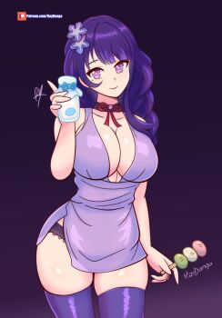 Rule 34 | black panties, blue ribbon, breasts, collarbone, commentary, dress, english commentary, flower, food, genshin impact, hair flower, hair ornament, highres, holding, holding food, holding jar, jar, large breasts, looking at viewer, microdress, panties, panty straps, patreon logo, patreon username, purple dress, purple eyes, purple hair, purple thighhighs, raiden shogun, raydango, red ribbon, ribbon, shiny skin, side slit, signature, skindentation, sleeveless, sleeveless dress, smile, thick thighs, thighhighs, thighs, underwear