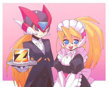 Rule 34 | 1boy, 1girl, 1up, alternate costume, android, apron, arm behind back, black coat, black dress, black eyes, black helmet, black pants, black suit, blonde hair, blue eyes, blush stickers, butler, ciel (mega man), coat, collared shirt, dress, enmaided, expressionless, fake horns, formal clothes, frilled apron, frills, gloves, hand up, helmet, high ponytail, holding, holding tray, horned helmet, horns, inkerton-kun, long hair, long sleeves, looking at viewer, low ponytail, maid, maid headdress, mega man (series), mega man zero (series), open mouth, pants, pink helmet, ponytail, puffy short sleeves, puffy sleeves, red helmet, robot ears, shirt, short sleeves, single letter, suit, tailcoat, tray, v arms, waist apron, white apron, white gloves, white shirt, zero(z) (mega man), zero (mega man)