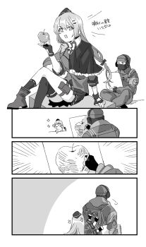 1boy 1girl absurdres belt brown_eyes commentary food fruit girls'_frontline greyscale highres holding holding_food holding_fruit long_hair looking_at_viewer monochrome open_mouth rainbow_six_siege sanso_(kasyawamoti) shirt sitting smile svd_(girls'_frontline) translation_request twintails white_background white_shirt