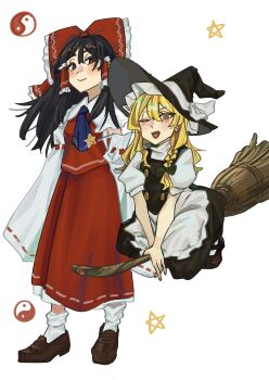 Rule 34 | 2girls, :d, ;d, absurdres, apron, ascot, black hat, black skirt, black vest, blonde hair, blue ascot, bow, braid, broom, broom riding, brown eyes, brown hair, brown shoes, closed mouth, commentary request, detached sleeves, frilled bow, frilled hair tubes, frills, green bow, hair bow, hair tubes, hakurei reimu, hat, hat bow, highres, kirisame marisa, loafers, long hair, multiple girls, one eye closed, open mouth, puffy short sleeves, puffy sleeves, red bow, red skirt, ribbon-trimmed sleeves, ribbon trim, shoes, short sleeves, side braid, simple background, single braid, skirt, skirt set, smile, socks, touhou, vest, waist apron, white apron, white background, white bow, white socks, witch hat, yellow eyes, yin yang, yuke yukima