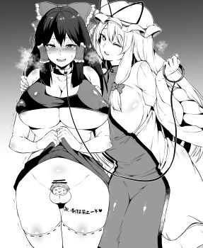 1futa 1girl absurdres areola_slip blush breasts censored chastity_cage cleavage clothes_lift collar covered_erect_nipples femdom flat_chastity_cage futanari hair_ribbon hakurei_reimu hat highres huge_breasts humiliation leash long_hair makin_tama mob_cap penis pointless_censoring ribbon robe skirt skirt_lift small_chastity_cage small_penis tabard testicles thighhighs touhou yakumo_yukari