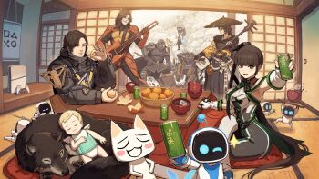 absurdres astro_bot_(series) atsu_(ghost_of_yotei) bb-28 black_gloves black_hair blue_eyes blunt_bangs bodysuit breasts brown_eyes brown_hair can cape character_request death_stranding death_stranding_2:_on_the_beach drink_can eve_(stellar_blade) facial_hair fur-trimmed_cape fur_trim ghost_of_yotei gloves helldiver_(helldivers) helldivers_(series) higgs_(death_stranding) highres holding holding_can japanese_clothes kuroi_susumu long_hair looking_at_viewer official_art pelt ponytail robot sam_porter_bridges short_hair soda_can stellar_blade thighs very_long_hair