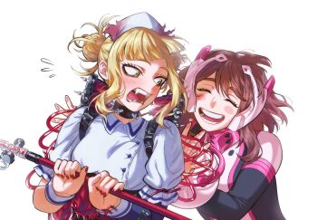 2girls black_bodysuit black_choker blonde_hair blood blood_bag blunt_bangs blush blush_stickers bodysuit boku_no_hero_academia breasts brown_hair choker closed_eyes commentary double_bun dress english_commentary fangs hair_bun hat helmet highres holding holding_weapon intravenous_drip large_breasts looking_at_another medium_hair messy_hair multicolored_bodysuit multiple_girls nurse_cap official_alternate_costume open_mouth pink_bodysuit pochato pushing red_nails sidelocks simple_background slit_pupils smile superhero_costume toga_himiko toga_himiko_(bloody_dress) uraraka_ochako weapon white_background white_dress white_wrist_cuffs wrist_cuffs yellow_eyes