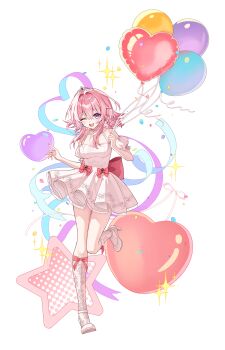 1girl ;o alternate_costume balloon breasts commentary_request dress heart_balloon high_heels highres holding holding_balloon honkai:_star_rail honkai_(series) march_7th_(honkai:_star_rail) medium_breasts multicolored_eyes one_eye_closed pine_(angel4195202) pink_hair short_hair simple_background single_sock socks solo standing standing_on_one_leg star_(symbol) tiara two-tone_eyes white_dress white_socks