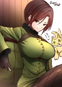 1girl aozaki_touko aozaki_touko_(mahou_tsukai_no_yoru) artist_name black_gloves bone breasts brown_eyes brown_hair closed_mouth coat commentary_request couch dog fur-trimmed_coat fur_trim gloves green_coat green_eyes highres large_breasts mahou_tsukai_no_yoru medium_hair on_couch pantyhose parted_bangs sitting smile tail tail_wagging translation_request twitter_username vent_vert_(kuuya) yellow_fur