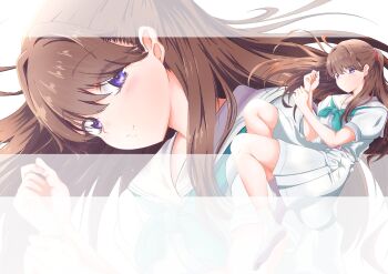 1girl absurdres aqua_neckerchief blush brown_hair closed_mouth commentary dress floating_hair fujishima_megumi hasu_no_sora_school_uniform highres light_particles link!_like!_love_live! long_hair looking_at_viewer love_live! medium_dress neckerchief no_shoes pleated_dress puffy_short_sleeves puffy_sleeves purple_eyes rakinegimagi sailor_collar sailor_dress school_uniform short_sleeves simple_background smile socks solo two_side_up virtual_youtuber white_background white_dress white_sailor_collar white_socks zoom_layer