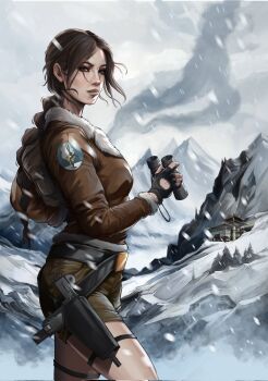 1girl backpack bag binoculars brown_bag brown_eyes brown_hair brown_jacket brown_shorts gun highres holding holding_binoculars holster illyne_cosplay jacket lara_croft long_hair mini_uzi mountain outdoors ponytail short_shorts shorts snow snowing solo standing submachine_gun thigh_holster tomb_raider weapon