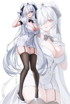 1girl absurdly_long_hair alternate_costume black_garter_straps black_thighhighs breasts cinderella_(nikke) cleavage commentary full_body garter_straps gloves goddess_of_victory:_nikke hair_over_one_eye hand_on_own_chest hand_up hat high_heels highres large_breasts long_hair nurse nurse_cap parted_lips red_eyes shoes short_sleeves simple_background solo soymilk_arts2 standing teeth thighhighs twintails upper_teeth_only very_long_hair white_background white_gloves white_hair white_shoes zoom_layer