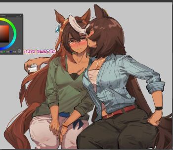 2girls alcohol animal_ears arm_around_shoulder art_program_in_frame belt black_bra black_pants blue_belt blue_shirt blush bra breasts brown_hair cleavage color_picker commentary cup drinking_glass drunk ear_ornament earrings english_commentary english_text gold_necklace green_shirt grey_background hair_between_eyes hand_on_own_hip hands_on_own_legs holding holding_cup horse_ears horse_girl horse_tail jewelry kiss kissing_cheek komejirushi long_hair multicolored_hair multiple_girls necklace over-rim_eyewear pants partially_unbuttoned pdvl red_belt see-through_clothes see-through_shirt semi-rimless_eyewear shirt simple_background single_earring sirius_symboli_(casual)_(umamusume) sirius_symboli_(umamusume) sleeves_rolled_up smile streaked_hair striped_clothes striped_shirt sweat symboli_rudolf_(casual)_(umamusume) symboli_rudolf_(umamusume) tail umamusume underwear v-neck vertical-striped_clothes vertical-striped_shirt very_long_hair watch white_pants white_shirt white_streaks wristwatch yuri