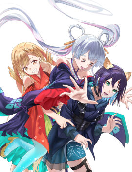 >_< 3girls :d absurdres animal_ear_fluff animal_ears bare_shoulders black_kimono blue_hair brown_eyes brown_hair chou_kaguya-hime! closed_eyes collarbone commentary_request criss-cross_halter facial_mark floating_hair forehead_mark green_eyes grey_hair hair_rings halterneck highres japanese_clothes kaguya_(chou_kaguya-hime!) kimono long_hair long_sleeves mosta_(lo1777789) multicolored_hair multiple_girls obi open_mouth pink_hair puffy_long_sleeves puffy_sleeves purple_hair red_kimono runami_yachiyo sakayori_iroha sash simple_background smile twintails two-tone_hair very_long_hair white_background wide_sleeves xd