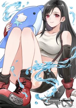 1girl bandaged_hand bandages bare_shoulders black_gloves black_hair black_skirt black_socks boots breasts closed_mouth commentary_request crop_top dolphin earrings elbow_gloves elbow_pads final_fantasy final_fantasy_vii gloves hair_between_eyes highres jewelry large_breasts long_hair looking_at_viewer midriff miniskirt quichi_91 red_boots red_eyes red_gloves seashell shell shirt single_elbow_pad skirt sleeveless sleeveless_shirt smile socks solo splashing starfish suspenders tifa_lockhart twitter_username water white_background white_shirt