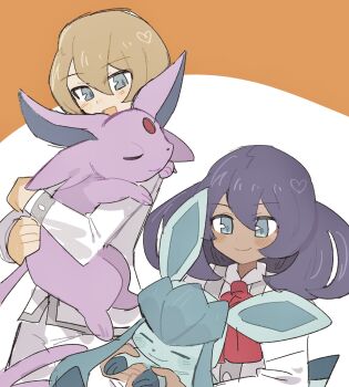 Rule 34 | 1boy, 1girl, :d, blonde hair, blue eyes, closed mouth, dark-skinned female, dark skin, dexio (pokemon), espeon, gen 2 pokemon, gen 4 pokemon, glaceon, hair between eyes, han0579, highres, holding, holding pokemon, looking at another, medium hair, nintendo, open mouth, pants, pokemon, pokemon (creature), pokemon xy, purple eyes, purple hair, short hair, sina (pokemon), smile, white pants