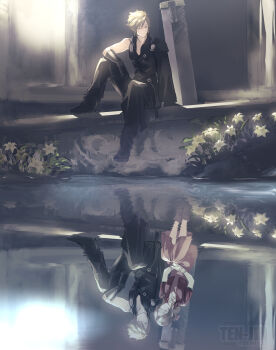 absurdres aerith_gainsborough armor artist_name bangle black_boots black_cape black_gloves black_pants black_sleeves black_vest blonde_hair boots bracelet braid braided_ponytail brown_hair buster_sword cape chest_strap choker church closed_eyes cloud_strife couple cropped_jacket demi_co different_reflection dress fenrir_(final_fantasy) final_fantasy final_fantasy_vii final_fantasy_vii_advent_children flower full_body gloves hair_between_eyes hair_ribbon hetero highres jacket jewelry leaning_on_person lily_(flower) long_dress long_hair pants parted_bangs pauldrons pink_dress pink_ribbon planted planted_sword planted_weapon red_jacket reflection ribbon ribbon_choker short_hair shoulder_armor sidelocks single_bare_shoulder single_braid single_pauldron single_sleeve sitting spiked_hair sunlight sword twitter_username vest waist_cape weapon yellow_flower