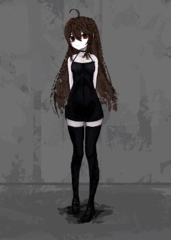 1girl absurdres ahoge bare_shoulders black_dress black_shoes black_thighhighs breasts broken_heart broken_heart_hair_ornament brown_hair closed_mouth commentary dress evil_neuro-sama full_body hair_between_eyes heart highres long_hair neuro-sama red_eyes shoes solo standing thefatum thighhighs vedal_ai virtual_youtuber