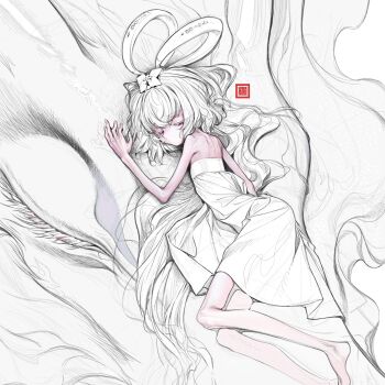 1girl dress flat_chest highres kaede_(shijie_heping) long_hair original skinny sleeping solo strapless strapless_dress very_long_hair white_hair