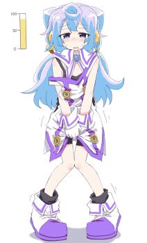 Rule 34 | 1boy, between legs, bike shorts, black shirt, black socks, blue eyes, blue gemstone, blue hair, blush, brooch, detached collar, dress, full body, gem, gloves, hacka doll, hacka doll 3, hair ornament, half-closed eyes, hand between legs, have to pee, jewelry, knees together feet apart, long hair, looking at viewer, male focus, nose blush, open mouth, own hands together, pigeon-toed, ponnu (tnpn2yw), purple shoes, purple trim, raised eyebrows, shirt, shoes, sidelocks, simple background, socks, solo, standing, straight-on, strap slip, sweat, trap, trembling, undershirt, urine meter, variant set, white background, white dress, white gloves