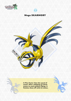 absurdres animal_focus bird black_eyes blawn_z colored_sclera commentary english_commentary english_text gen_2_pokemon gold_skin highres horns mega_pokemon mega_skarmory metal_skin nintendo no_humans official_style poke_ball pokemon pokemon_(creature) pokemon_focus pokemon_legends:_z-a red_eyes red_sclera single_horn skarmory talons wings