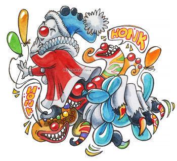 1boy arthropod_limbs artist_name balloon balloon_animal closed_eyes clown clown_nose english_text extra_mouth highres look_outside male_focus monster_boy painting_(medium) pierre_(look_outside) red_shirt redhairedfish sharp_teeth shirt smile speech_bubble teeth traditional_media watercolor_(medium) white_background