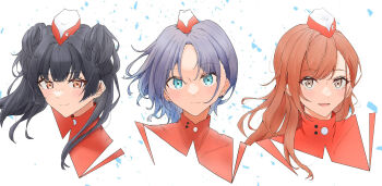 3girls arisugawa_natsuha asakura_toru black_hair cropped_torso dress earrings eyelashes garrison_cap hat highres idolmaster idolmaster_shiny_colors jewelry light_purple_hair light_smile looking_at_viewer ma7bell mayuzumi_fuyuko mini_hat multiple_girls orange_hair red_dress simple_background two_side_up voy@ger_(idolmaster)