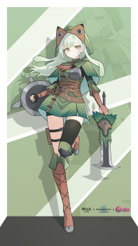 1girl absurdres alternate_costume arknights armor artist_name bang_dream! bang_dream!_it&#039;s_mygo!!!!! belt bike_shorts black_gloves black_thighhighs boots brown_belt brown_boots capelet chinese_commentary closed_mouth commentary_request copyright_name dress fingerless_gloves full_body gloves green_capelet green_dress green_hair hair_behind_ear highres holding holding_shield holding_sword holding_weapon hood hood_up hooded_capelet jiuyu_qame knee_boots long_hair monster_hunter:_world monster_hunter_(series) monster_hunter_world:_iceborne pouch shield short_dress single_fingerless_glove single_thighhigh solo standing standing_on_one_leg sword thigh_strap thighhighs vambraces wakaba_mutsumi weapon yellow_eyes zoom_layer