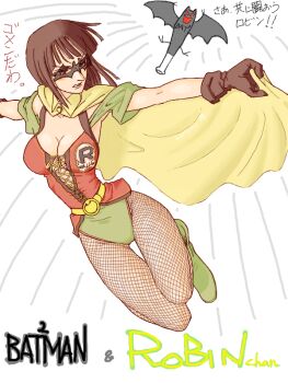1girl baseball_bat bat_(animal) bat_wings batman batman_(series) black_hair breasts brown_eyes cape cleavage cosplay crossover dc_comics fishnet_pantyhose fishnets gloves large_breasts leotard mask nico_robin one_piece pantyhose parody pun robin_(cosplay) robin_(dc) robin_(dc)_(cosplay) sukocchi_moruto wings