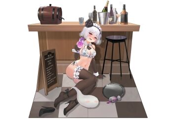 1girl alcohol alternate_costume ascot bikini black_ascot black_shoes blush bottle breasts breath brown_gloves brown_thighhighs chinese_commentary cleavage commentary_request cup detached_collar drunk elbow_gloves frilled_thigh_strap gloves grey_hair heart high_heels highres hitodama holding holding_cup konpaku_youmu konpaku_youmu_(ghost) looking_at_viewer maid maid_bikini maid_headdress midriff mizukawa navel open_mouth pink_eyes shoes smile solo spill stool swimsuit thigh_strap thighhighs touhou tray unconventional_maid white_bikini wine_bottle wrist_cuffs