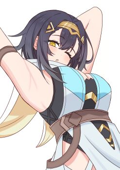1girl ;o absurdres amber_(stella_sora) armpits arms_up black_hair breasts cleavage commentary expressionless hair_between_eyes hairband highres kamaru714 looking_at_viewer one_eye_closed sidelocks simple_background solo stella_sora upper_body white_background yellow_eyes