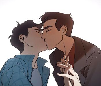 2boys anthony_stellar black_hair blue_shirt brown_hair closed_eyes couple crying crying_with_eyes_open elijah_douchnov hashtag-only_commentary highres holding_hands interlocked_fingers jacket kiss male_focus multiple_boys my_student_spirit plaid_clothes plaid_shirt red_shirt shirt short_hair simple_background streaming_tears tears thick_eyebrows upper_body white_background yaoi yy20251111