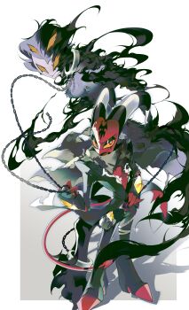 2boys absurdres black_feathers black_pants blitzo_(helluva_boss) chain demon_boy demon_horns demon_tail extra_eyes feathers hand_on_own_hip hellaverse helluva_boss highres horns multiple_boys owl_boy pants raised_eyebrows red_eyes stolas_(helluva_boss) tail zhu_xing_pupupu