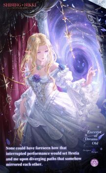 1girl artist_request bare_shoulders blonde_hair breasts bridget_(shining_nikki) brooch character_name cleavage commentary copyright_name cowboy_shot curtains dark dress earrings elf english_commentary english_text excerpt_of_dreams_old_(shining_nikki) expressionless flower_brooch frilled_dress frilled_sleeves frills gem gown green_gemstone highres indoors jewelry juliet_sleeves logo long_dress long_hair long_sleeves looking_to_the_side low_ponytail mirror necklace nikki_(series) off-shoulder_dress off_shoulder official_art parted_lips pointy_ears ponytail portal_(object) puffy_sleeves purple_eyes second-party_source shining_nikki sidelocks skirt_hold snowflakes solo stage standing star_(symbol) very_long_hair wavy_hair white_dress wide_sleeves