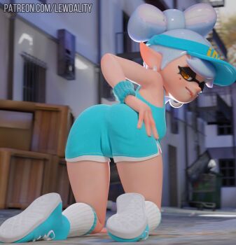 1girl 3d alley ass blender_(medium) breasts earrings female_focus from_behind grin hair_ornament hand_on_own_ass inkling jewelry kneeling leaning_forward lewdality looking_at_viewer looking_back marie_(splatoon) mole mole_under_eye nintendo outdoors pointy_ears self-upload shoes short_hair shorts smile sneakers socks solo splatoon_(series) teasing tentacle_hair thighs visor_cap watermark web_address white_hair wide_hips yellow_eyes