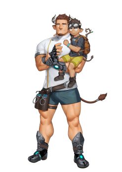 2boys animal_ears another_eidos-r backpack bag bara beard black_shirt black_shorts broad_shoulders brown_bag brown_hair calves child cow_boy cow_ears cow_horns cow_tail eyewear_on_head facial_hair fingerless_gloves full_body gauntlets gloves goggles goggles_on_head green_shorts highres horn_ornament horn_ring horns hurricane_(another_eidos) itto_(mentaiko) male_focus multiple_boys muscular muscular_legs muscular_male mustache_stubble official_art shin_guards shirt shorts stubble tachi-e tail tail_ornament tail_ring thick_eyebrows thighs transparent_background tuff_(another_eidos) vambraces white_shirt wooden_staff