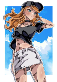 1girl aqua_eyes arm_behind_head baseball_cap black_choker black_hat black_shirt blue_background blush border bracelet breasts choker commentary_request cowboy_shot hair_down hair_ornament hat heart heart_hair_ornament highres jewelry long_hair looking_afar looking_to_the_side midriff navel nintendo orange_hair outside_border parted_lips pokemon pokemon_swsh shiki_(kisikisi1007) shirt skirt small_breasts solo sonia_(pokemon) standing white_border white_skirt